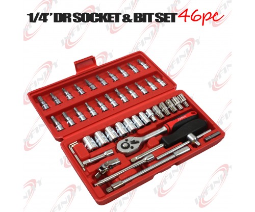   46pc 1/4" Dr Socket & Ratchet Wrench & Star Hex Torx Bits Set Sockets Flex Bar